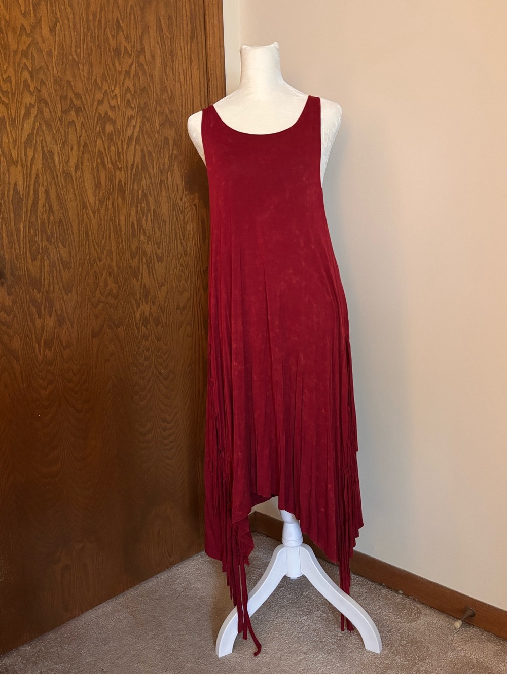 POL Handkerchief Hem and Fringe Sleeveless Red Asymmetrical Dress
